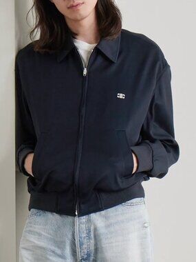 CELINE Triomphe Logo-Embroidered Navy Blue Nylon-Twill Blouson Jacket Size 52